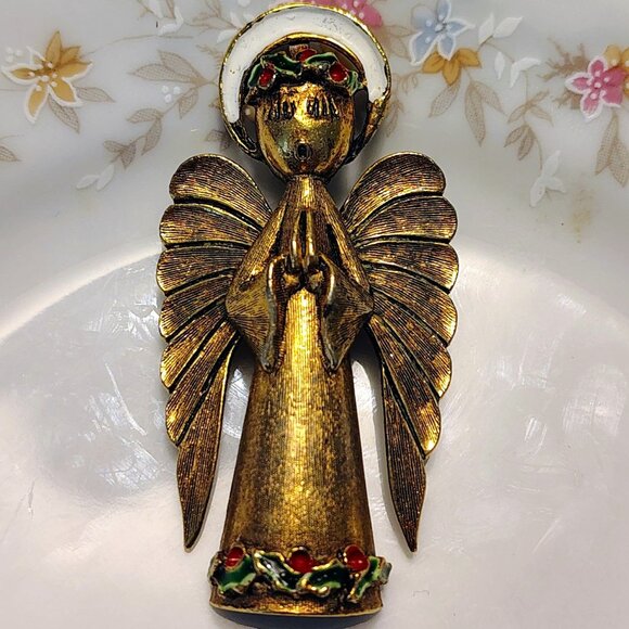 Vintage 60s ART Arthur Pepper Praying ANGEL BROOCH Christmas Holly Signed - Picture 6 of 6